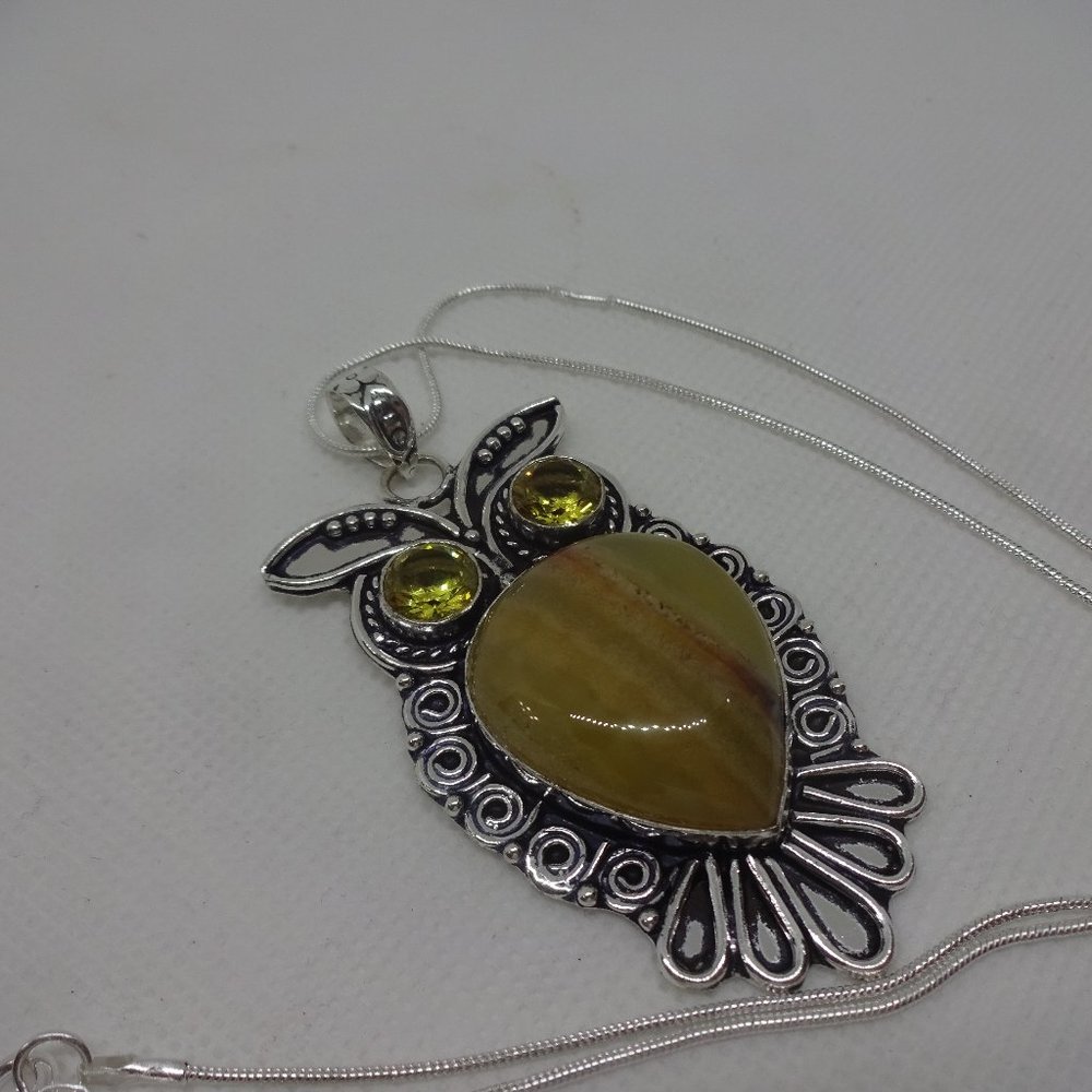 Whimsical "HOOTS the OWL" in YELLOW HASPER & CITRINE Handmade Sterling Pendant